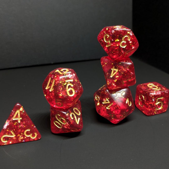 Efreet's Eye™️ - Red with Foil Inclusions and Gold Numbers Dice Set