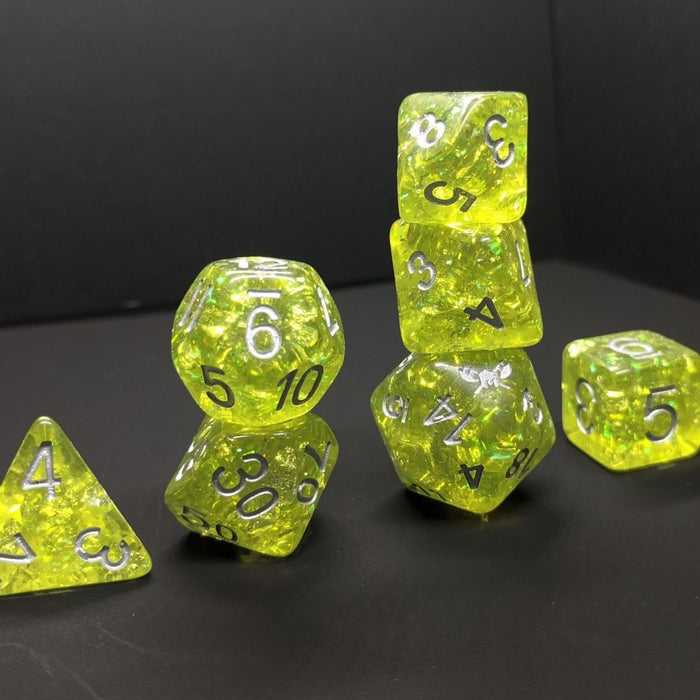 Feywild's Echo™️ - Yellow with Foil Inclusions and Silver Numbers Dice Set