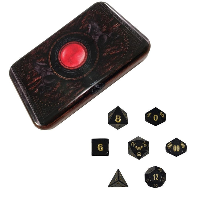 Hope's Glimmer™️ - Shiny Black Nickel with Gold Color Numbers Metal Dice with Warlock Tome Dice Case