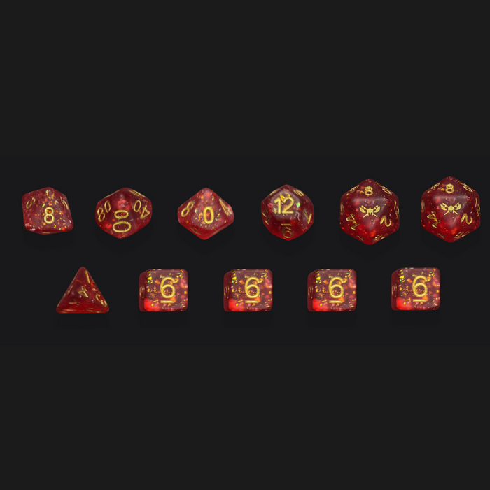Frosted Efreet's Eye™️ - Red with Foil Inclusions and Gold Numbers Dice Set