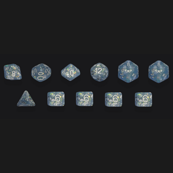 Snow Huntress™️ - Frosted Light Blue with Foil Inclusions and Gold Numbers Dice Set