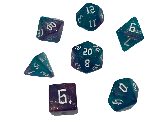 Aether Mermaid Blue and Purple Layered Dice with Shimmer and White Numbers Polyhedral RPG Dice