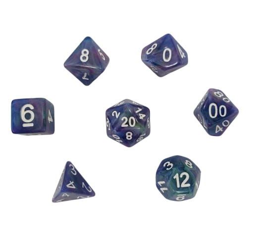 Swirl of Purple, Blue, and Green with White Numbering Set of Dice for DnD