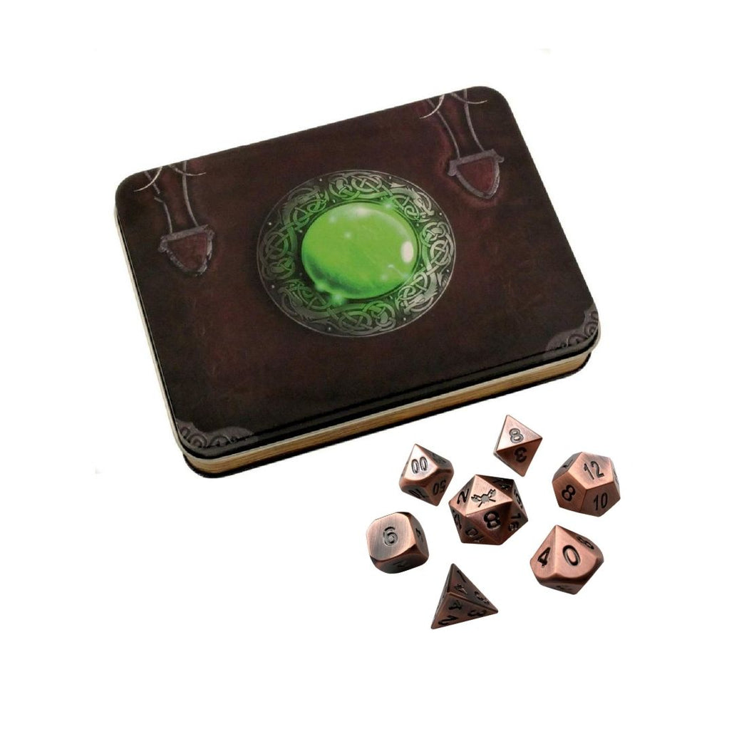 Wizard's Grimoire with Antique Brass Color with Black Numbers Metal Dice