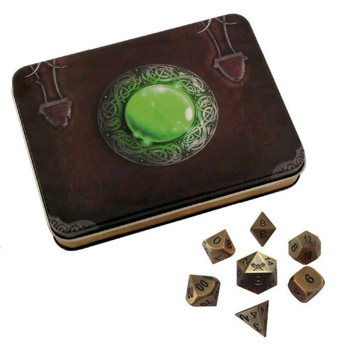 Wizard's Grimoire with Antique Gold Color with Black Numbering Metal Dice