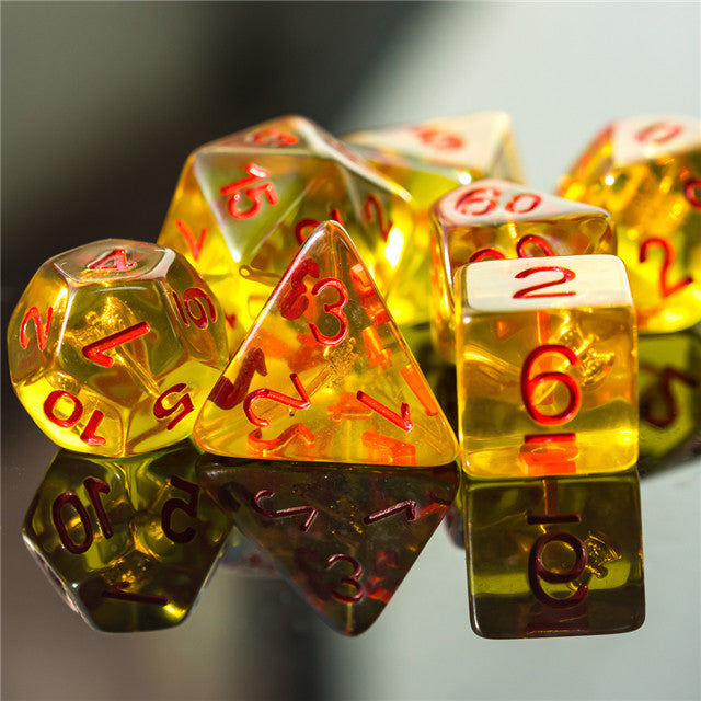 Warrior's Might ™️ - Translucent Amber Color with Red Numbering RPG Dice Set