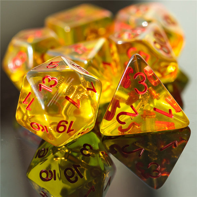 Warrior's Might ™️ - Translucent Amber Color with Red Numbering RPG Dice Set