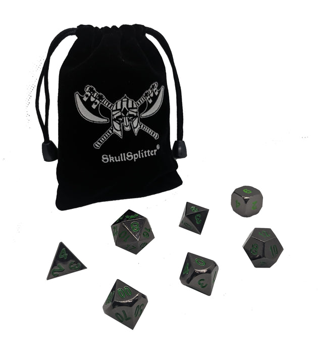 Black Dragon | Shiny Black Nickel with Green Numbering Metal Dice (7 Die in Pack) with Velvet Bag