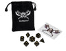 Black and Gold Metal Dice Set for Dungeons and Dragons with velvet dice bag