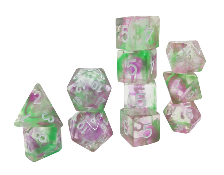 Crystalline Clutch™️ - Green and Pink Swirl with White Numbers Dice Set