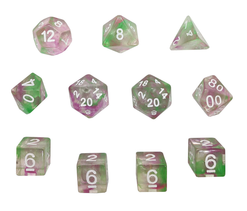 Crystalline Clutch™️ - Green and Pink Swirl with White Numbers Dice Set