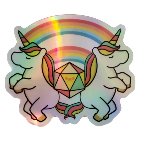 Holographic Double Unicorn Double Rainbow with d20 Sticker - Cute Unicorn Rainbow Sticker