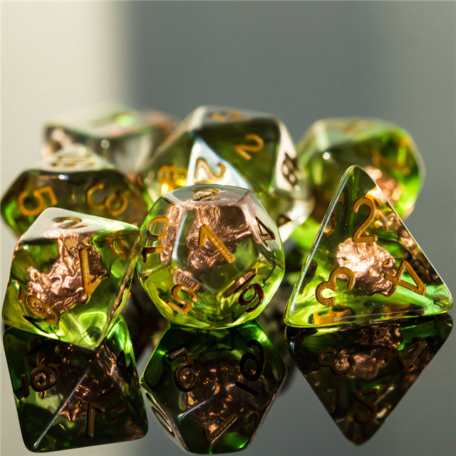 Forest Familiar ™️ - Translucent Green with Copper Numbering RPG Dice Set