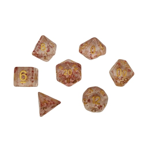 translucent with red swirls with gold numbering Set of Dice for DnD