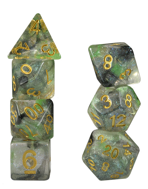 Eladrin's Moonblade - Translucent with Green and Black Swirl and Glitter with Gold Numbers RPG Set of Dice for DND