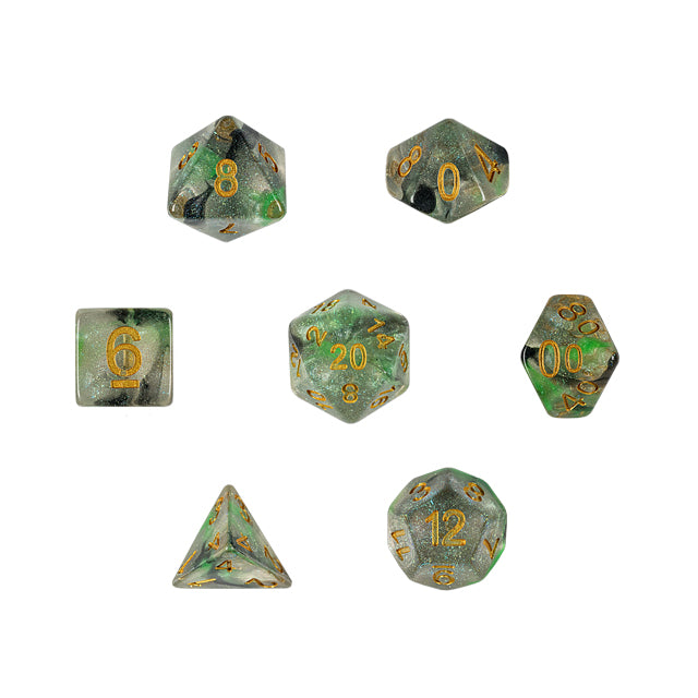 Eladrin's Moonblade - Translucent with Green and Black Swirl and Glitter with Gold Numbers RPG Set of Dice for DND 5e