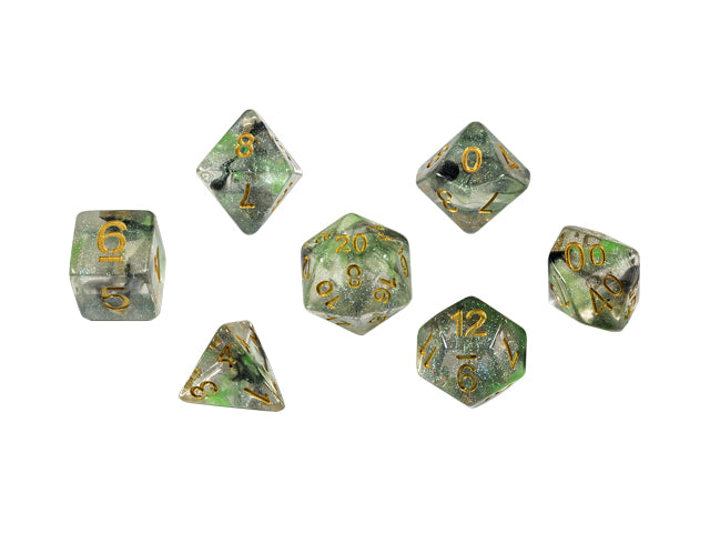 Eladrin's Moonblade - Translucent with Green and Black Swirl and Glitter with Gold Numbers RPG Set of Dice for Dungeons and Dragons