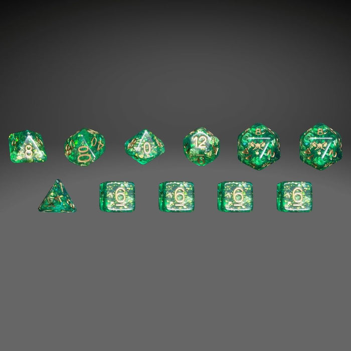 Fey Lord's Boon™️ - Green with Foil Inclusions and Gold Numbers Dice Set