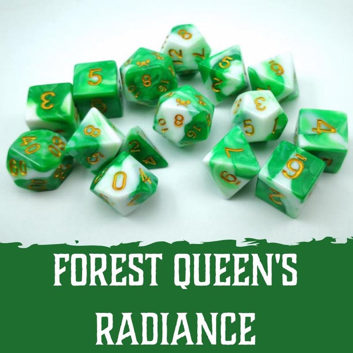 Forest Queen's Radiance - Green and White Swirl Color with Gold Numbers - Set of 15 Polyhedral Role Playing Game Dice