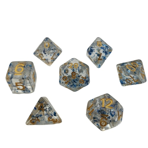 Translucent with Blue and White Sheen of Fine Glitter with Gold Numbering Set of Dice for RPGs
