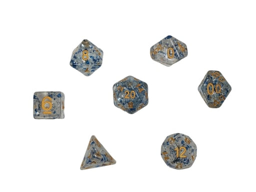 Translucent with Blue and White Sheen of Fine Glitter with Gold Numbering Set of Dice for DnD