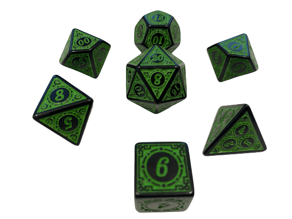 Green Artificer -Steam Punk Style Green Numbers and Design Polyhedral RPG Dice Set