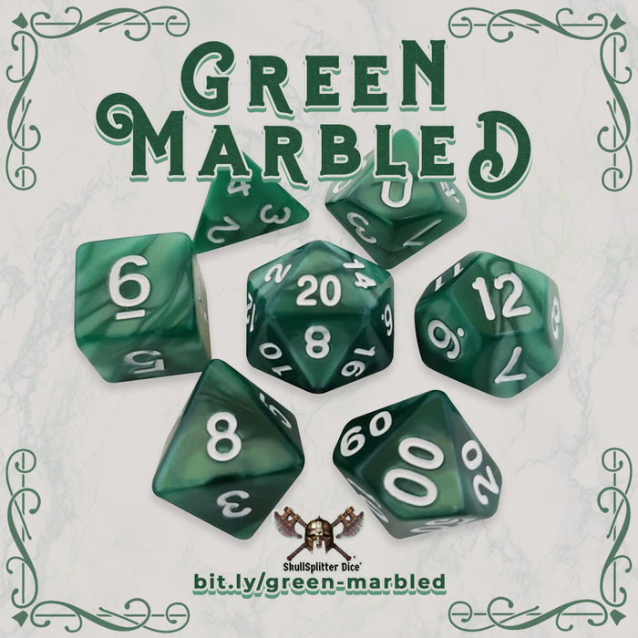 Green Marbled Dice -  7 Polyhedral RPG Dice