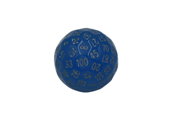 Single 100 Sided Polyhedral Dice (D100) | Glow in the Dark  (Blue) with White Numbering (45mm)