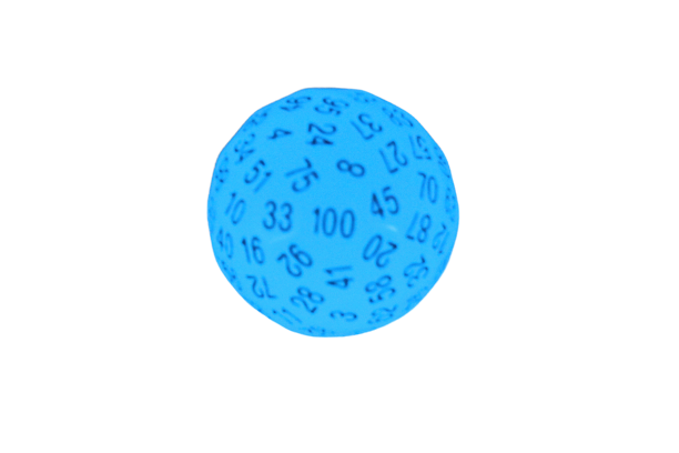 Single 100 Sided Polyhedral Dice (D100) | Glow in the Dark  (Blue) with White Numbering (45mm)