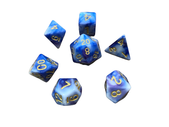 Aether Vapors  -White and Blue with a trace of Purple Swirl with Gold Numbering RPG Dice