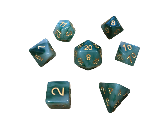 Druids Wrath  - Semi Translucent Dark green and White Swirl with Gold Numbering Polyhedral Dice Set