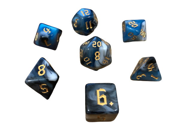 Dark Waters - Semi Translucent White, Blue and Black with Gold Numbering Polyhedral Dice Set