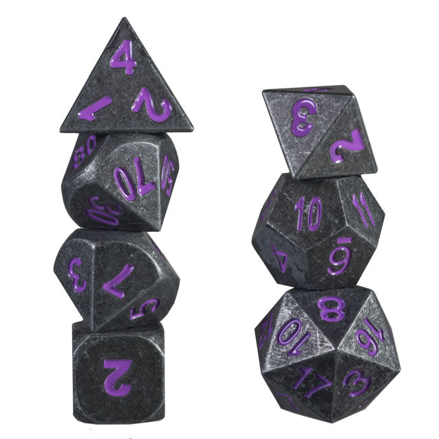 Lich's Kiss - Industrial Metal with Purple Numbers Metal Set of 7 Dice with Warlock Tome Dice Case