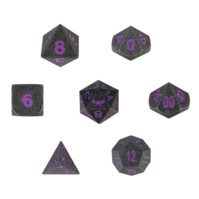 Lich's Kiss - Industrial Metal with Purple Numbers Metal Set of 7 Dice with Warlock Tome Dice Case