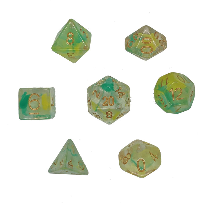 Jade Owl's Wisdom ™️ - Green and Yellow Translucent with Gold Numbers Dice Set