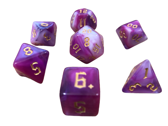 Lavender Sea - Semi Translucent Lavender and White with Gold Numbering Polyhedral Dice Set