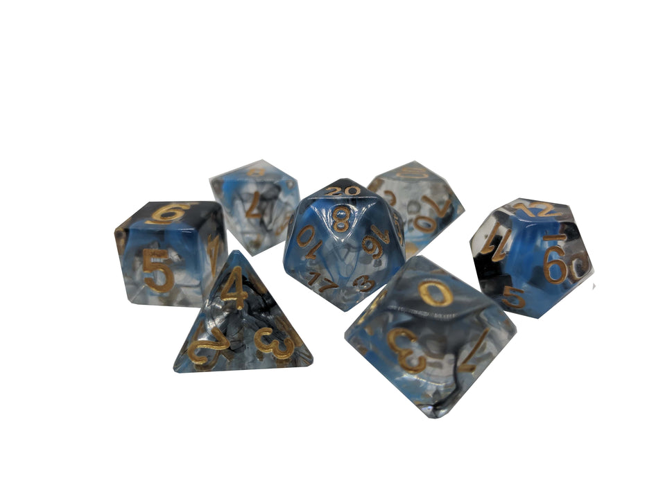 Necromantic Daydream ™️ - Blue and Black Translucent with Gold Numbers Dice Set