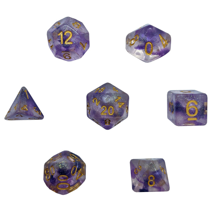 Necrotic Energy ™️ - Translucent Purple and Black with Shimmer Glitter and Gold Numbering Dice Set