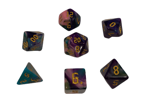 Nurple - Green, Pink and Purple Swirl with Gold Numbering Polyhedral Dice Set