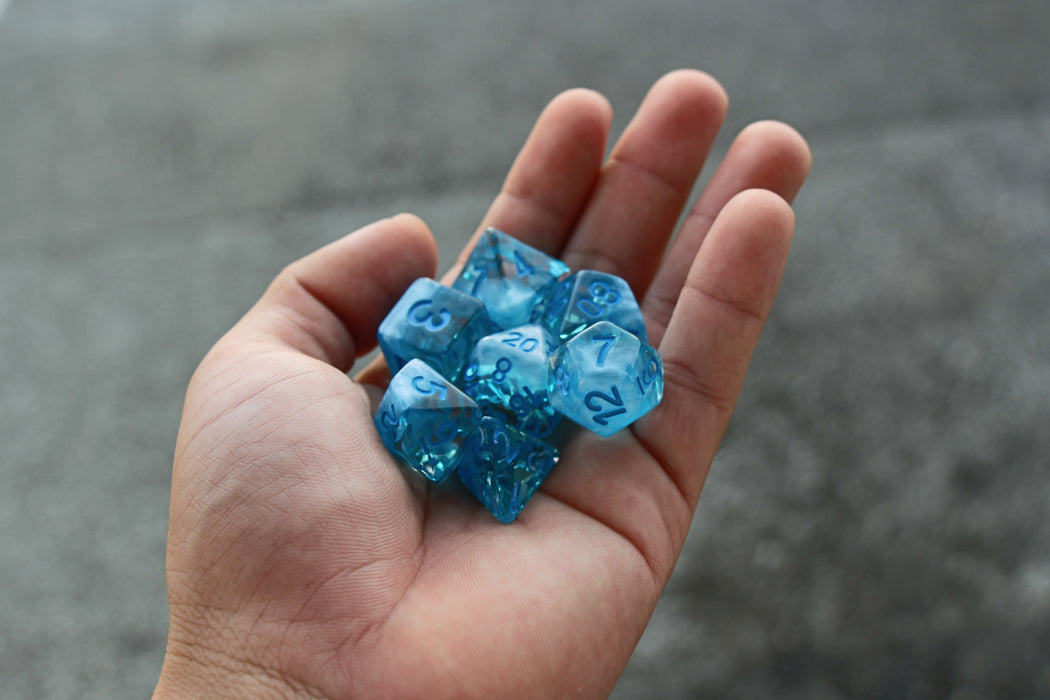 Petrichor™️ - Blue and Translucent with Blue Numbers Dice Set
