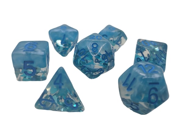Petrichor™️ - Blue and Translucent with Blue Numbers Dice Set