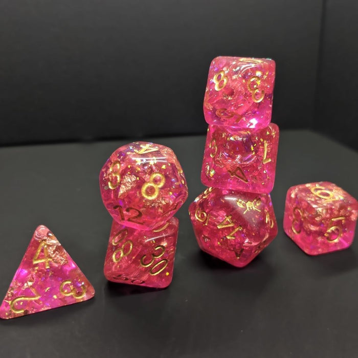 Pixie's Treasure™️ - Dark Pink with Foil Inclusions and Gold Numbers Dice Set