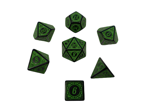 Green Artificer -Steam Punk Style Green Numbers and Design Polyhedral RPG Dice Set