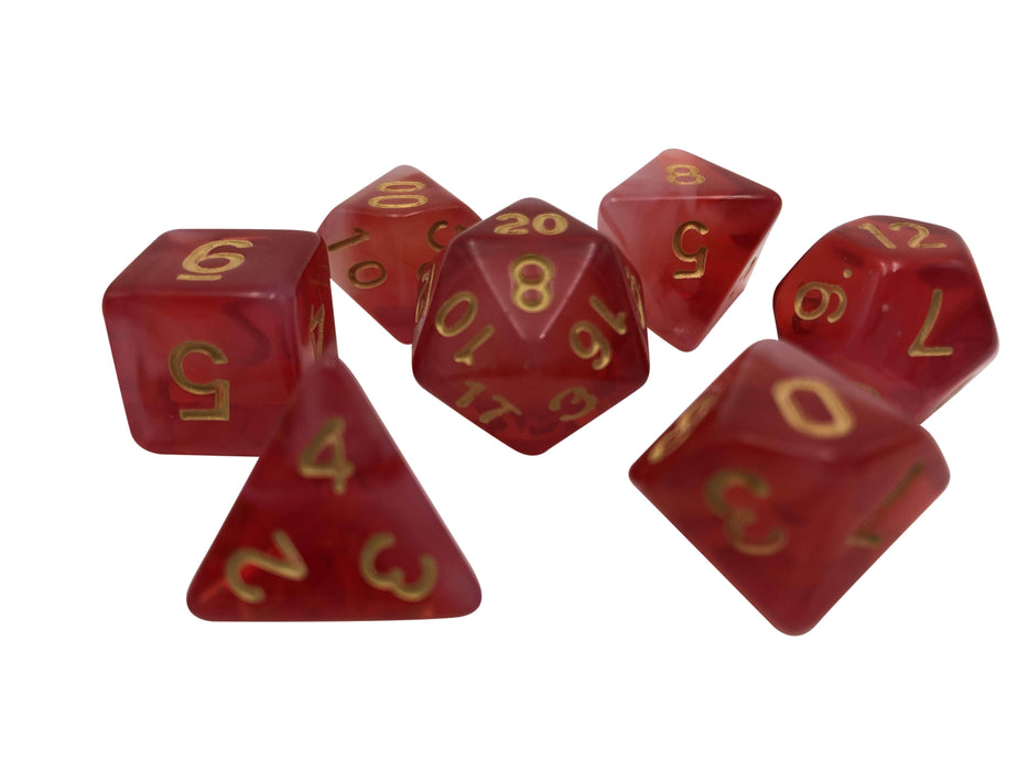 Red and White Translucent with Gold Numbers - Set of 7 Polyhedral RPG Dice for DND