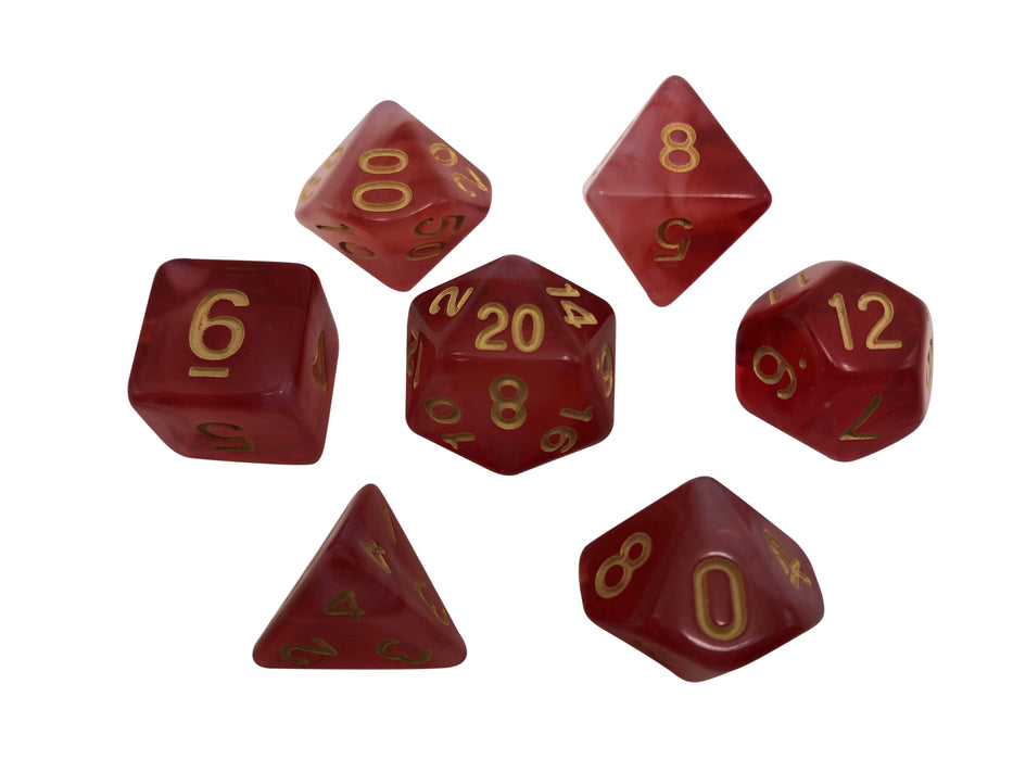 Red and White Translucent with Gold Numbers - Set of 7 Polyhedral RPG Dice for Dungeons and Dragons