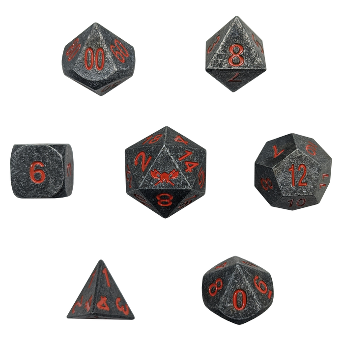 Axe of the Gravekeeper™️ - Industrial Metal with Dark Orange Color Numbers Metal Dice - 7 Piece Set with Velvet Dice Bag