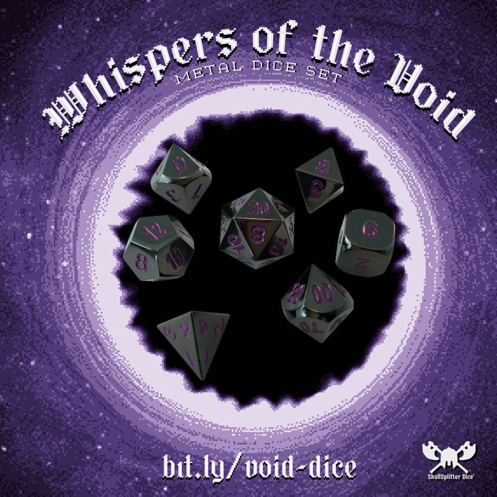 Whispers of the Void | Shiny Black Nickel with Purple Numbers Metal Dice (7 Die in Pack)