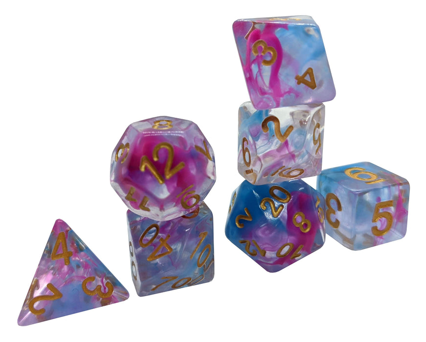 Seelie Mischief ™️ - Blue and Pink Translucent with Gold Numbering Dice Set