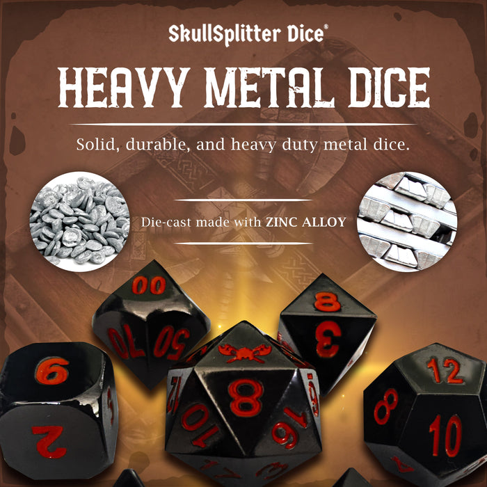 Smoke and Fire | Shiny Black Nickel with Red Numbers Metal Dice (7 Die in Pack)