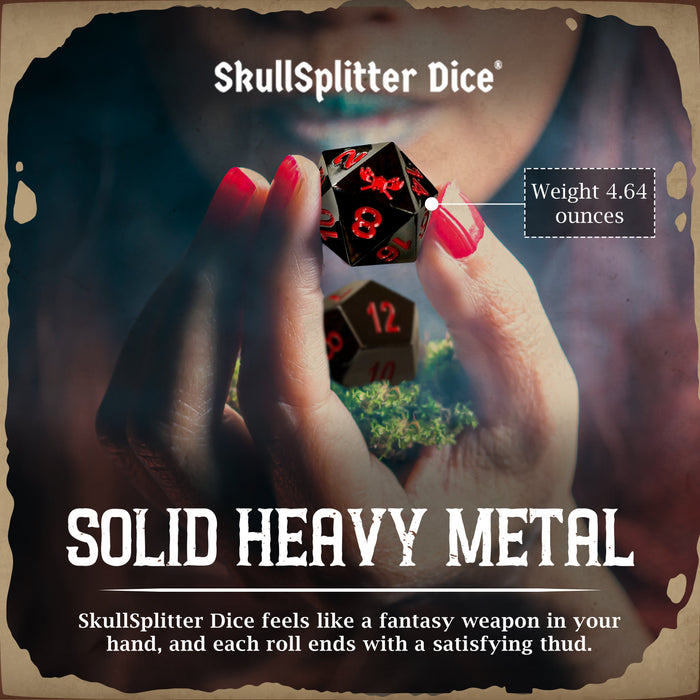 Smoke and Fire | Shiny Black Nickel with Red Numbers Metal Dice (7 Die in Pack)